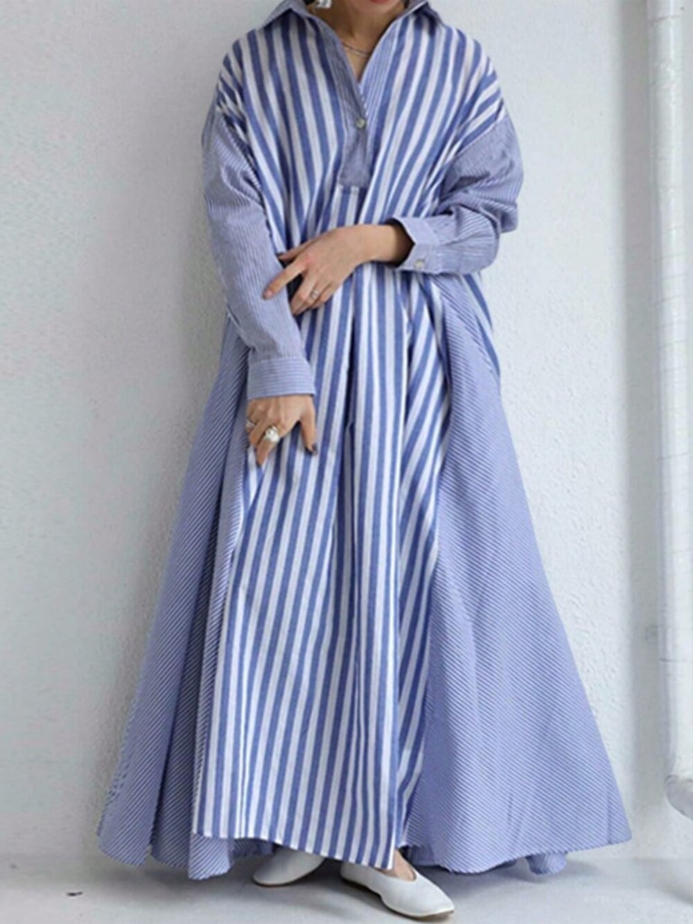 Blue Modest Women's Plus Size Lapel Striped Long Sleeve Casual Shirt Dress - Picture 2 of 4
